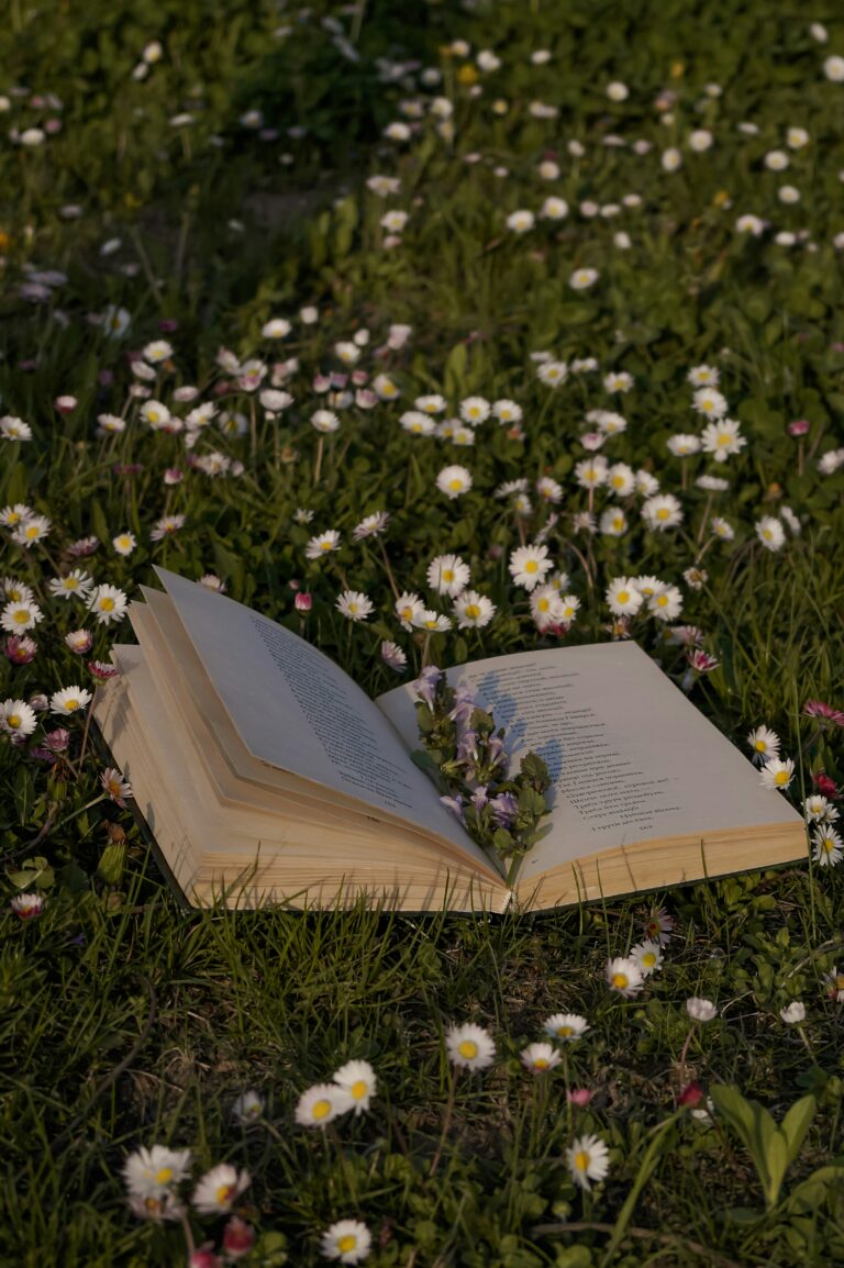 An open book with flowers